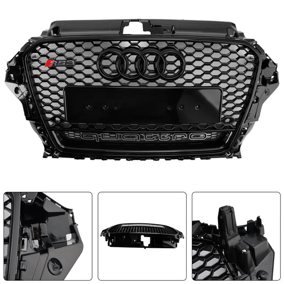RS3 Style Front Grille For Audi A3/ A3 Sline/ S3 2013-2016 Honeycomb Bumper Black Grill W/ Ring Emblem & Quattro Letter