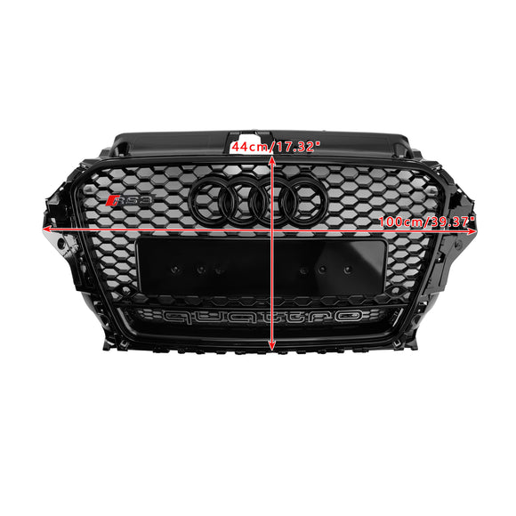 RS3 Style Front Grille For Audi A3/ A3 Sline/ S3 2013-2016 Honeycomb Bumper Black Grill W/ Ring Emblem & Quattro Letter