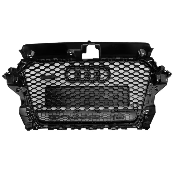 RS3 Style Front Grille For Audi A3/ A3 Sline/ S3 2013-2016 Honeycomb Bumper Black Grill W/ Ring Emblem & Quattro Letter