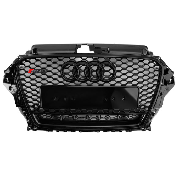 RS3 Style Front Grille For Audi A3/ A3 Sline/ S3 2013-2016 Honeycomb Bumper Black Grill W/ Ring Emblem & Quattro Letter