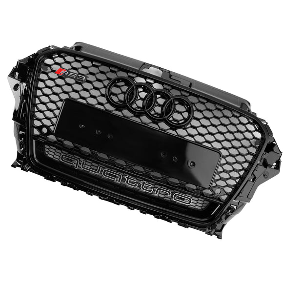 RS3 Style Front Grille For Audi A3/ A3 Sline/ S3 2013-2016 Honeycomb Bumper Black Grill W/ Ring Emblem & Quattro Letter