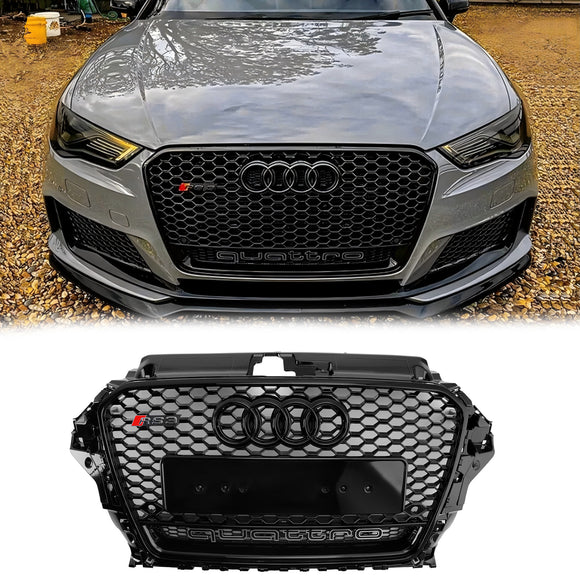 RS3 Style Front Grille For Audi A3/ A3 Sline/ S3 2013-2016 Honeycomb Bumper Black Grill W/ Ring Emblem & Quattro Letter
