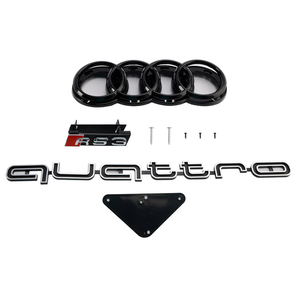 RS3 Style Front Grille For Audi A3/ A3 Sline/ S3 2013-2016 Honeycomb Bumper Black Grill W/ Ring Emblem & Quattro Letter