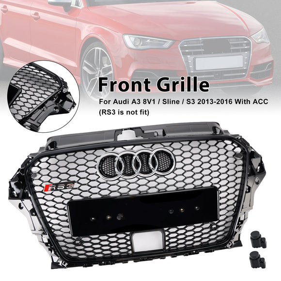 Rejilla de parachoques tipo panal para capó delantero estilo Audi A3/S3 RS3 2013-2016, parrilla negra de repuesto con orificio ACC