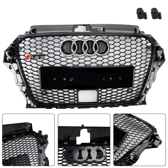 Rejilla de parachoques tipo panal para capó delantero estilo Audi A3/S3 RS3 2013-2016, parrilla negra de repuesto con orificio ACC