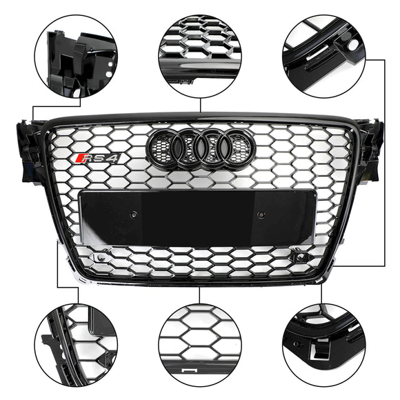 Parrilla hexagonal de malla de panal estilo Audi A4/A4 Avant B8 RS4 2008-2012, rejilla negra brillante + rejilla de luz antiniebla