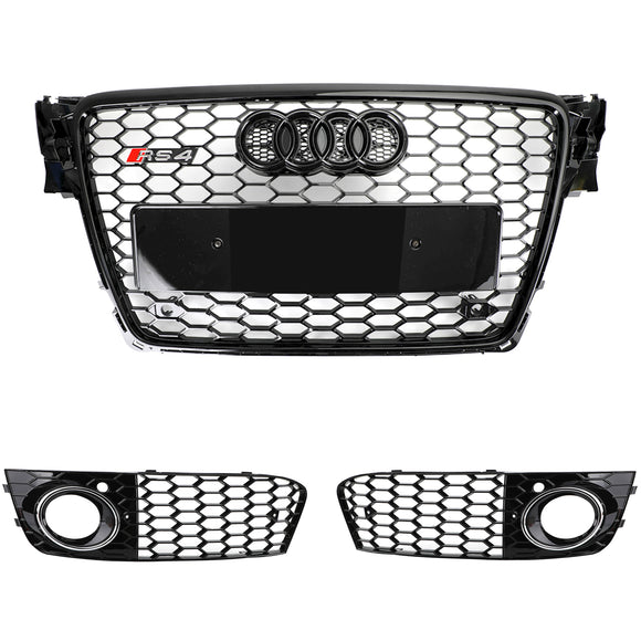 Parrilla hexagonal de malla de panal estilo Audi A4/A4 Avant B8 RS4 2008-2012, rejilla negra brillante + rejilla de luz antiniebla