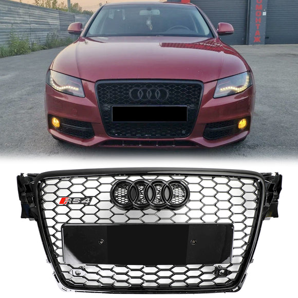 Parrilla hexagonal de malla de panal estilo Audi A4/A4 Avant B8 RS4 2008-2012, rejilla negra brillante + rejilla de luz antiniebla