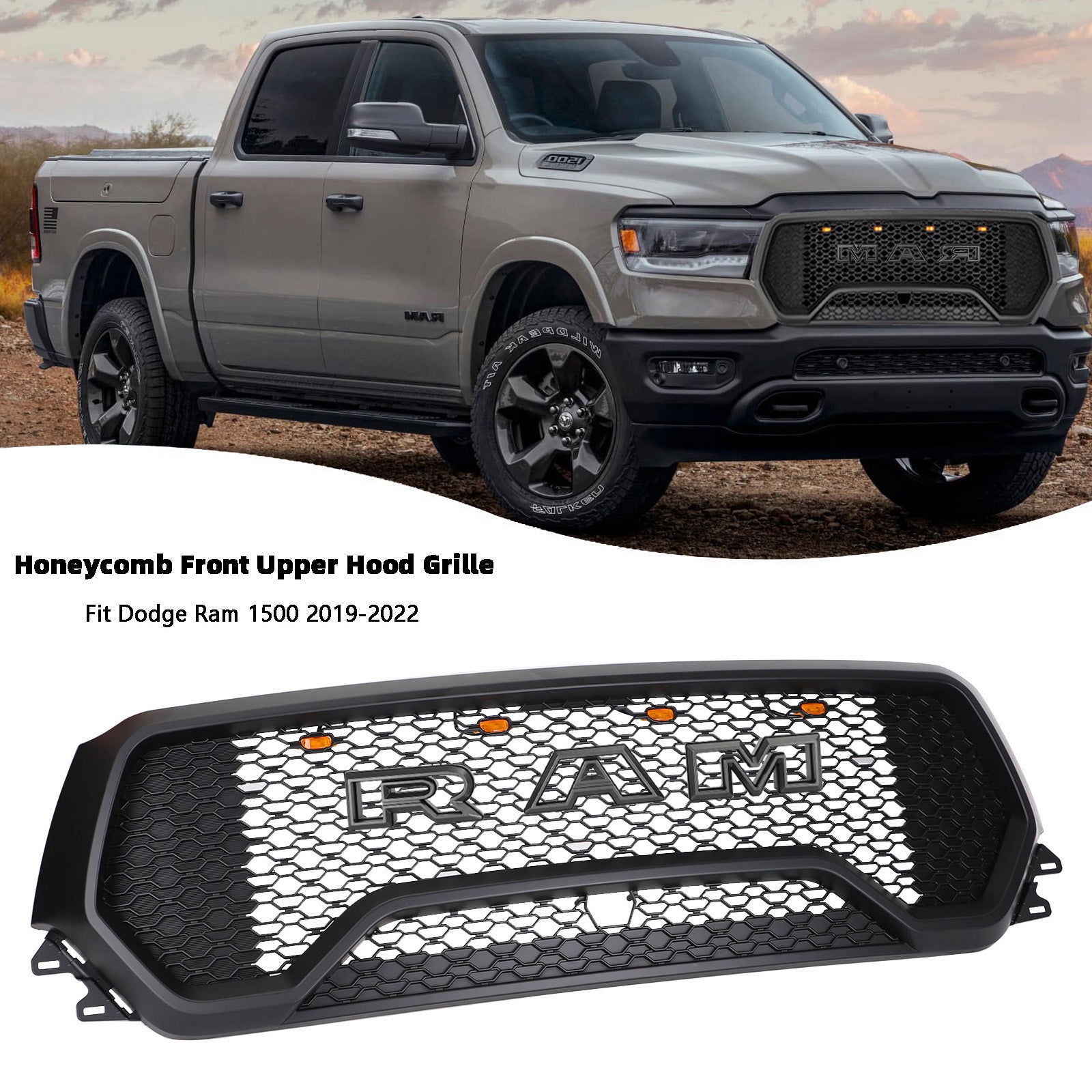 Gloss Black Front Upper Bumper Grille For 2013-2021 Dodge Ram 1500 Classic - Honeycomb Style