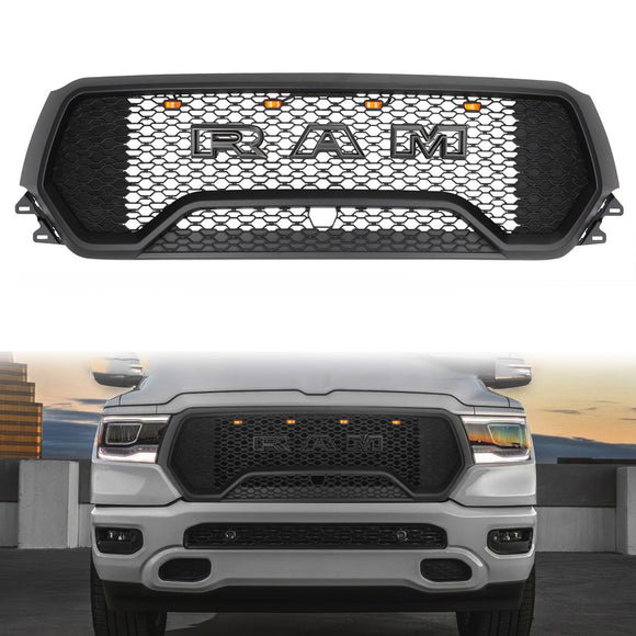 Style TRX | Dodge Ram 1500 | 2019-2024 | Noir mat | Grille avant | Grille de pare-chocs supérieure avec lettre + lumière LED