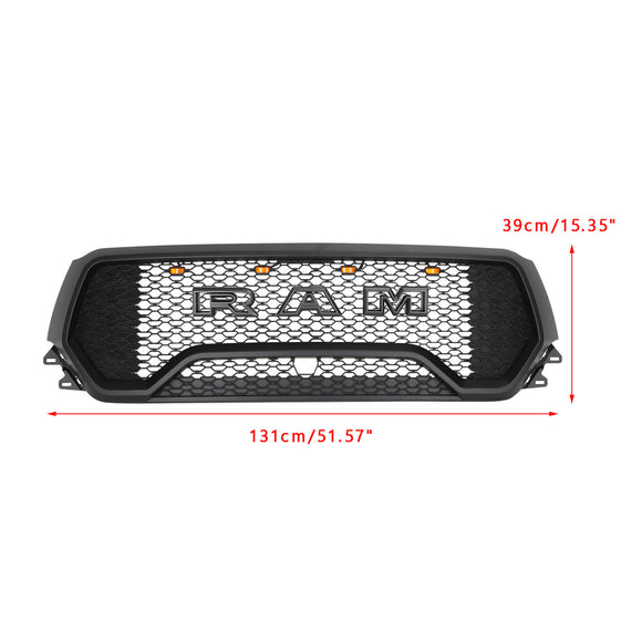 Style TRX | Dodge Ram 1500 | 2019-2024 | Noir mat | Grille avant | Grille de pare-chocs supérieure avec lettre + lumière LED