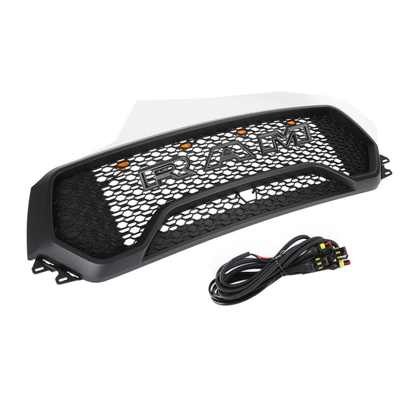 Style TRX | Dodge Ram 1500 | 2019-2024 | Noir mat | Grille avant | Grille de pare-chocs supérieure avec lettre + lumière LED