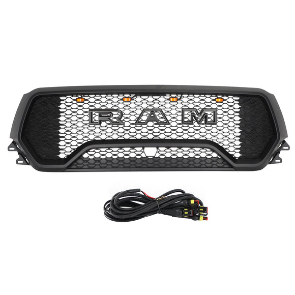 Style TRX | Dodge Ram 1500 | 2019-2024 | Noir mat | Grille avant | Grille de pare-chocs supérieure avec lettre + lumière LED