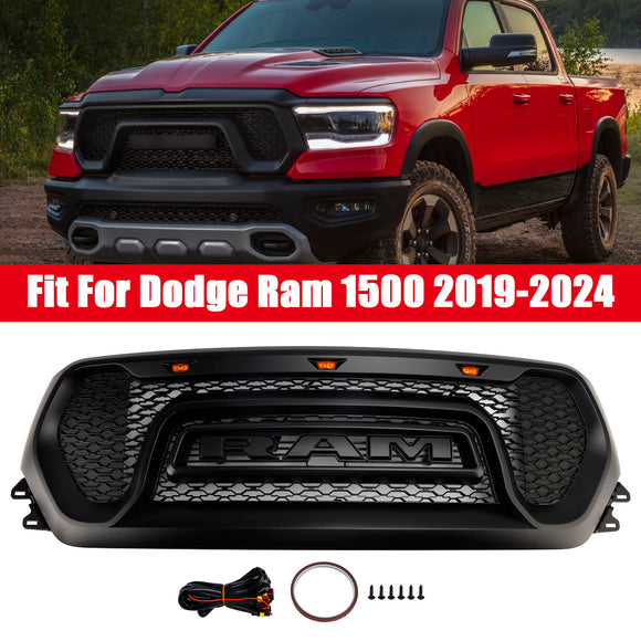 Dodge Ram 1500 2019-2024 Rebel Style Front Grill Black Front Bumper Honeycomb Upper Grille W/ LED