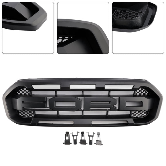 2019-2023 Ford Ranger Noir Raptor Style Grille de pare-chocs avant Grille noire avec 3 lumières LED blanches