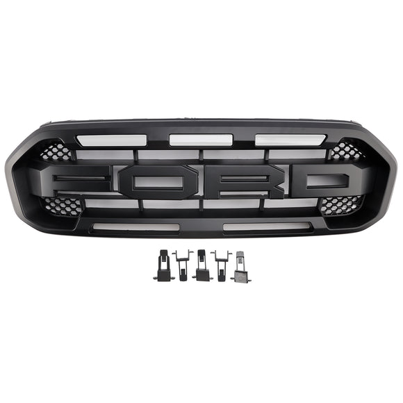 2019-2023 Ford Ranger Noir Raptor Style Grille de pare-chocs avant Grille noire avec 3 lumières LED blanches