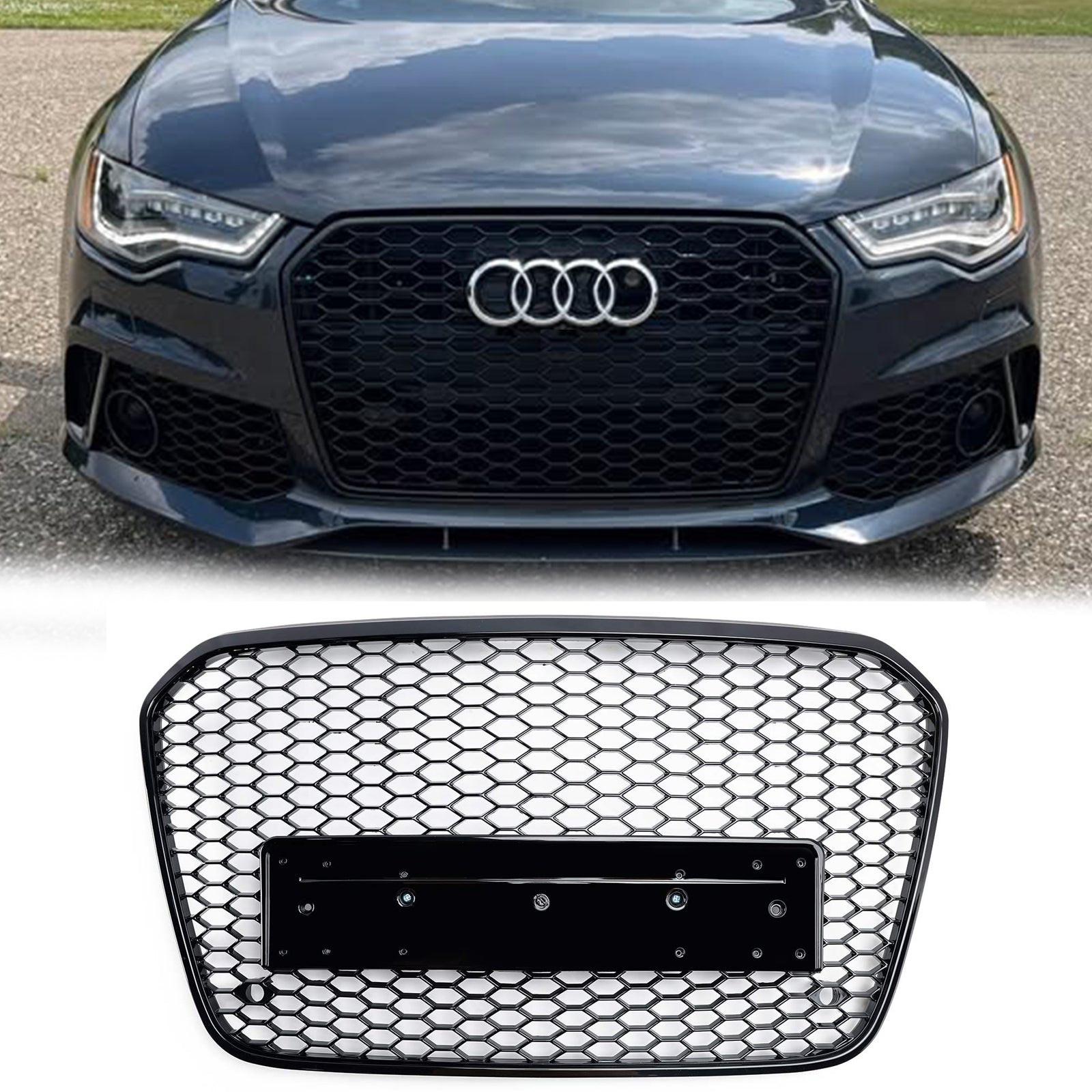 Limo Plus RS Style Honeycomb Front Grille – For Audi A6 C7 S6 2012-2015, Gloss Black