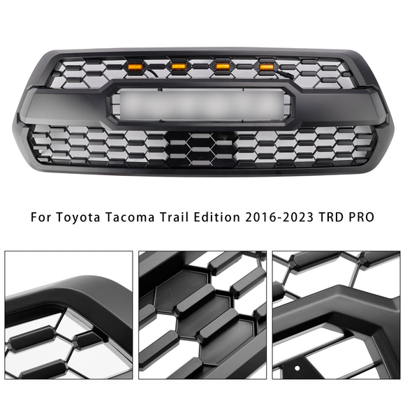 TRD PRO Style Grill For Toyota Tacoma 2016-2023 Grille White Letter + 4 Amber LED Light  + Sensor Cover