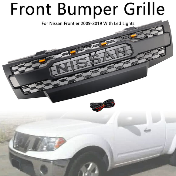 Parrilla delantera Nissan Frontier 2009-2016, repuesto de panal, parachoques superior, parrilla negra con luz LED