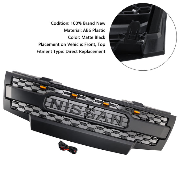 Parrilla delantera Nissan Frontier 2009-2016, repuesto de panal, parachoques superior, parrilla negra con luz LED