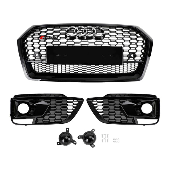 2018-2020 Audi Q5 SQ5 Front Black Grille RSQ5 Style Honeycomb Mesh Grill+Fog Lamp Grill