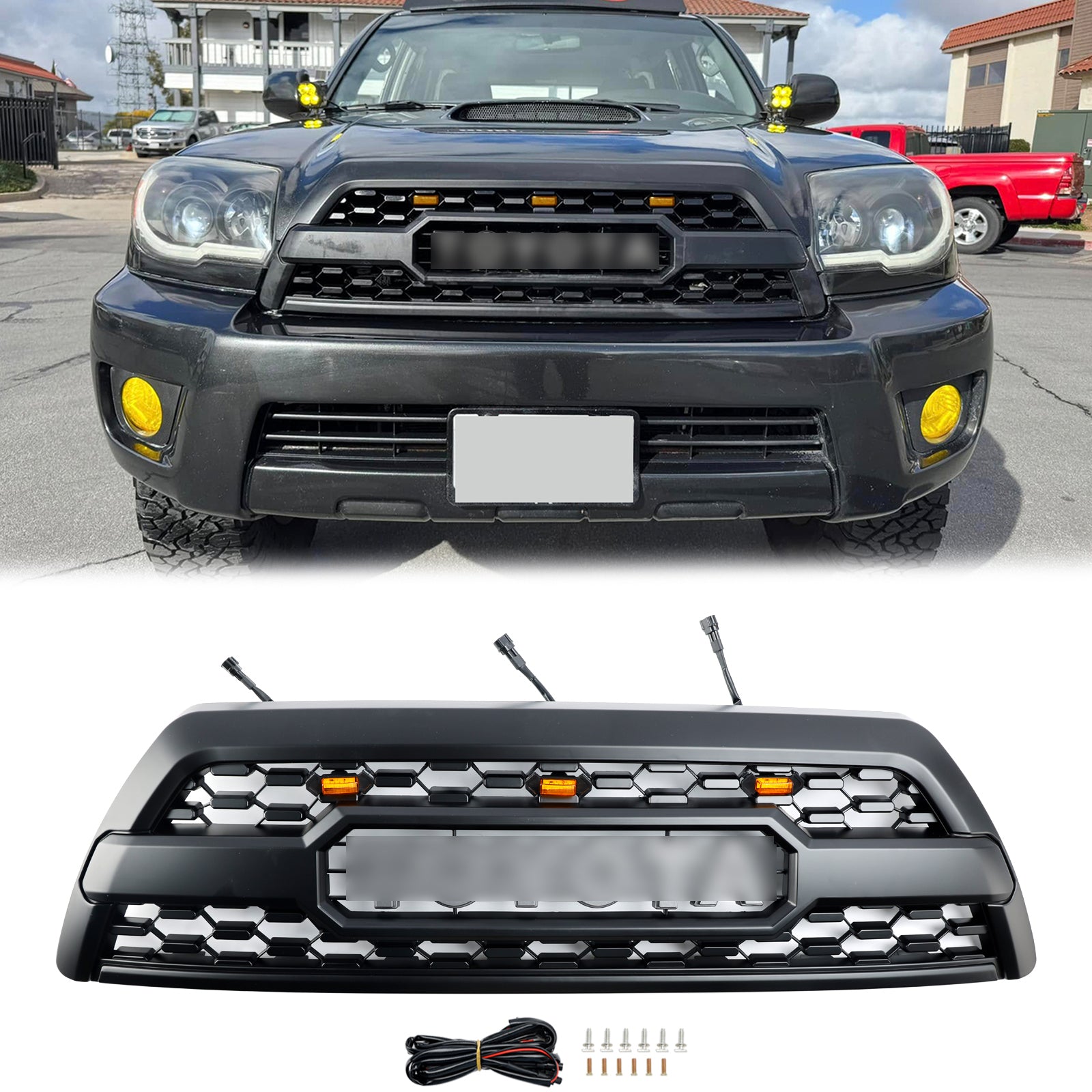 Front Grille Assembly With LED Lights For 2006-2009 Toyota 4Runner - Black ABS Plastic Upper Bumper Grill