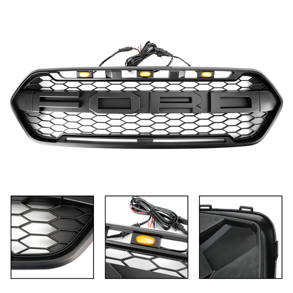 Raptor Grill For Ford Transit Custom 2018-2023 Gloss Black Front Bumper Grille W/ 3LED Light