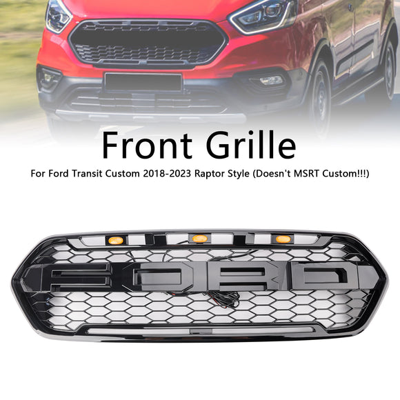 Raptor Grill For Ford Transit Custom 2018-2023 Gloss Black Front Bumper Grille W/ 3LED Light