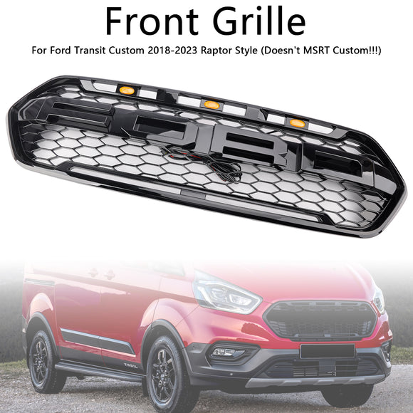Raptor Grill For Ford Transit Custom 2018-2023 Gloss Black Front Bumper Grille W/ 3LED Light