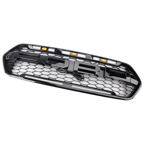 Raptor Grill For Ford Transit Custom 2018-2023 Gloss Black Front Bumper Grille W/ 3LED Light