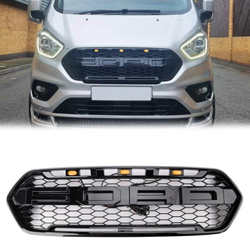 Acheter noir-brillant Style rapace | Ford Transit personnalisé | Noir mat | 2018-2023 | Grille en nid d'abeille de remplacement | Calandre de pare-chocs avant + lumières LED