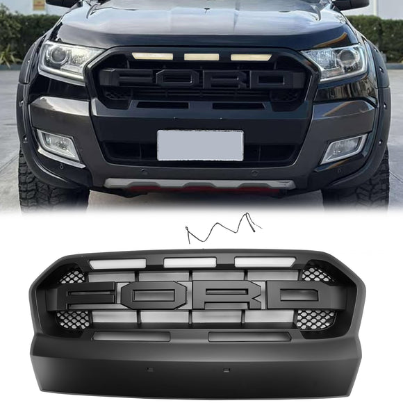 2015-2019 Ford Ranger Air Intake Radiator Grill Raport Black Grille With White LED Light