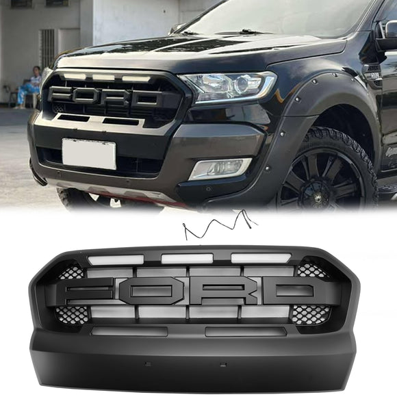 Parrilla negra Raport de la parrilla del radiador de la toma de aire de la Ford Ranger 2015-2019 con luz LED blanca