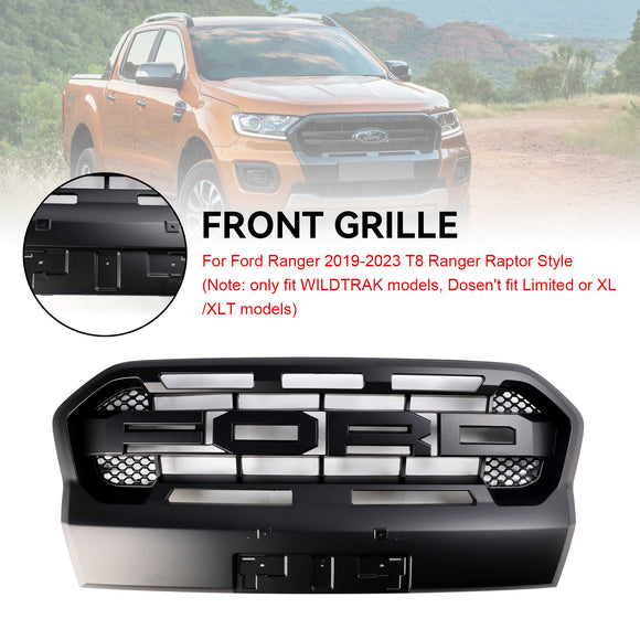 Rejilla negra mate de repuesto para parrilla de parachoques delantero estilo Ford Ranger T8 Wildtrak Raptor 2019-2023
