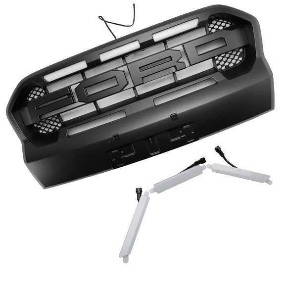 Parrilla de parachoques delantero negra mate con luz LED para Ford Ranger Wildtrak Raptor 2019-2023