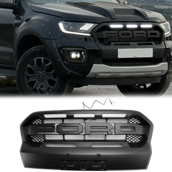 Parrilla de parachoques delantero negra mate con luz LED para Ford Ranger Wildtrak Raptor 2019-2023