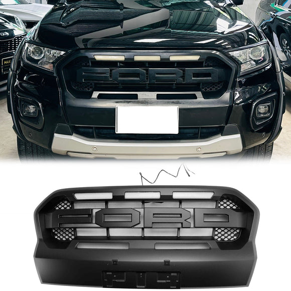 Parrilla de parachoques delantero negra mate con luz LED para Ford Ranger Wildtrak Raptor 2019-2023