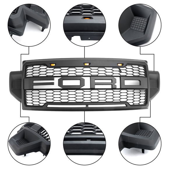 Ford F250 F350 F450 F550 | 2021 2022 | Raptor-Frontgrill | Mattschwarz | Ersatzgrill für obere Stoßstange mit Buchstaben & LED