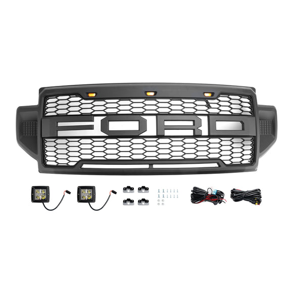 Ford F250 F350 F450 F550 | 2021 2022 | Raptor-Frontgrill | Mattschwarz | Ersatzgrill für obere Stoßstange mit Buchstaben & LED
