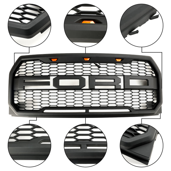 Raptor-Gitter | 2015-2017 | Ford F150 | Schwarz/Grau | Wabengrill der vorderen Stoßstange mit LED