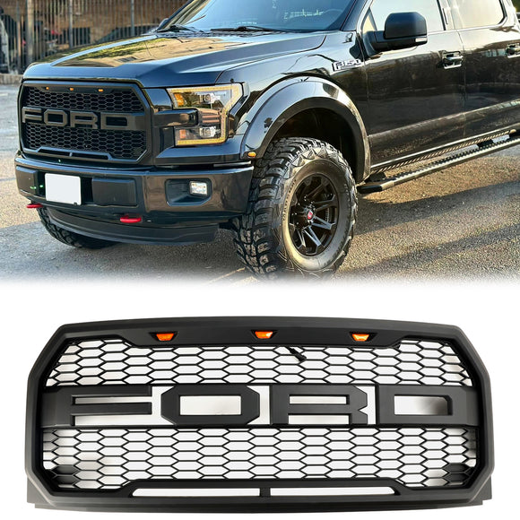 Raptor Style Grill For 2015-2017 Ford F150 Front Bumper Replacement Black Grille W/ LED & Letter