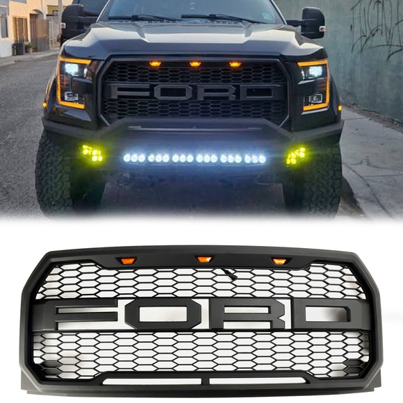 Raptor Style Grill For 2015-2017 Ford F150 Front Bumper Replacement Black Grille W/ LED & Letter
