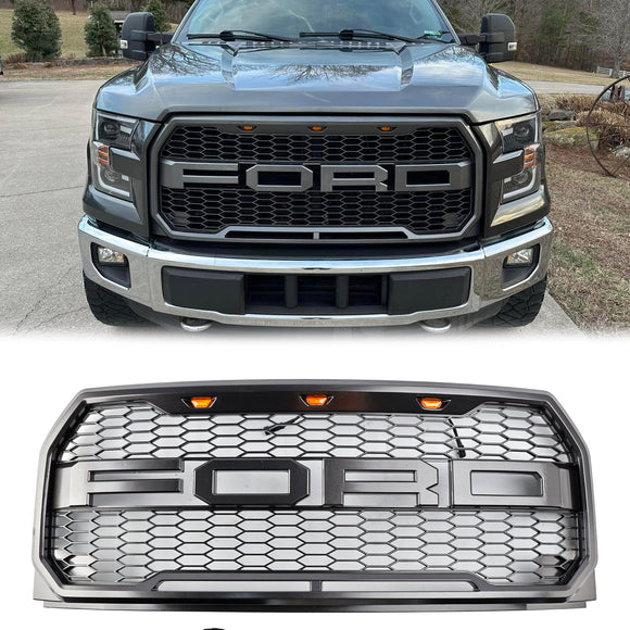 Parrilla de parachoques delantero estilo Raptor para Ford F150 2015-2017 con rejilla gris de repuesto LED