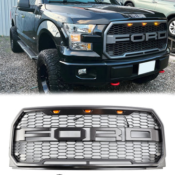 Grille de rapace | 2015-2017 | Ford F150 | Noir/Gris | Grille en nid d'abeille de pare-chocs avant avec LED
