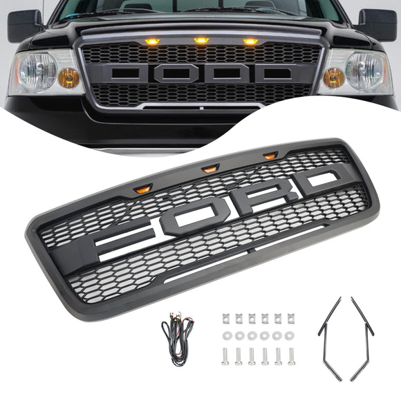 Raptor Style Grille For Ford F150 2004-2008 Front Bumper Black / Gray Grille W/LED & Letter