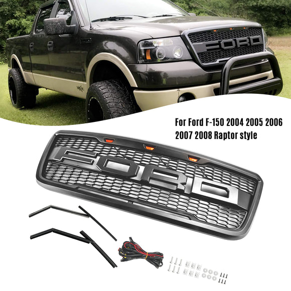 Raptor Style Grille For Ford F150 2004-2008 Front Bumper Black / Gray Grille W/LED & Letter