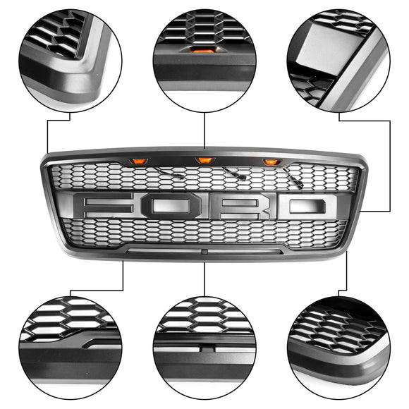 Raptor Style Grille For Ford F150 2004-2008 Front Bumper Black / Gray Grille W/LED & Letter