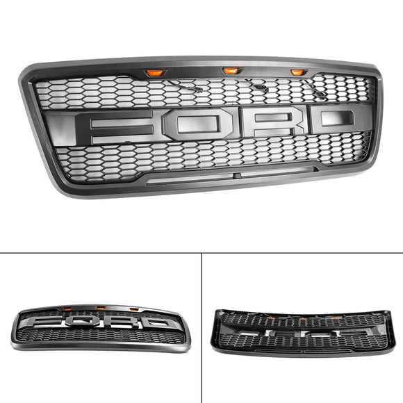 Raptor Style Grille For Ford F150 2004-2008 Front Bumper Black / Gray Grille W/LED & Letter