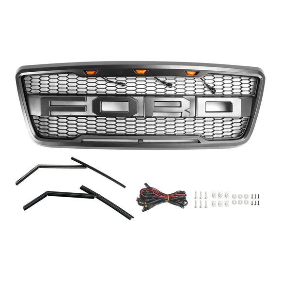 Raptor Style Grille For Ford F150 2004-2008 Front Bumper Black / Gray Grille W/LED & Letter