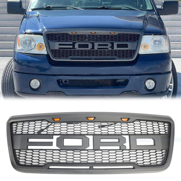 Ford F150 2004 2005 2006 2007 2008 Raptor Style Front Grill Mesh Hood Gray Black Grille With LED Light